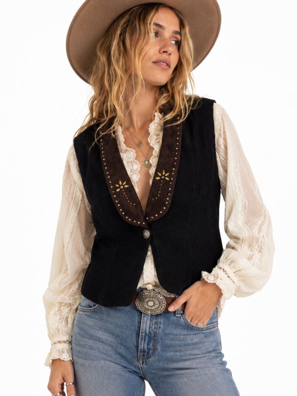 Green Field USA‎ Vintage Velvet Vest Womens XL Brown Western Rodeo Boho 90s